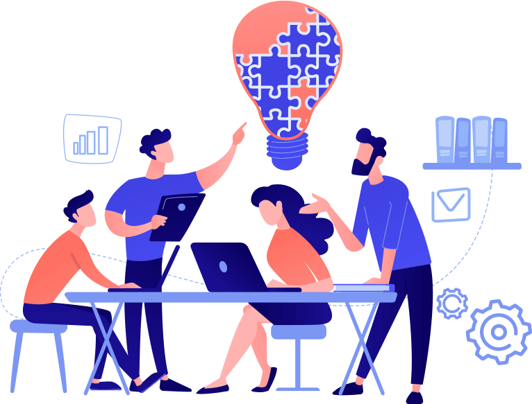 Animated image of four people in an office working on their computers and reports.
